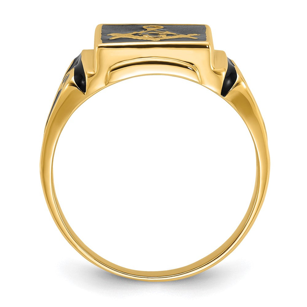 14k Men's Polished and Textured with Black Enamel Masonic Ring