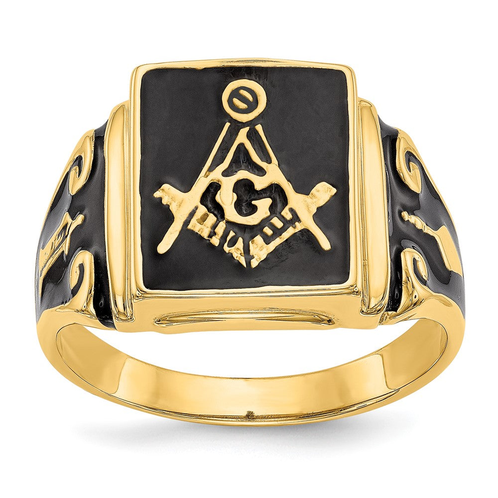 14k Men's Polished and Textured with Black Enamel Masonic Ring