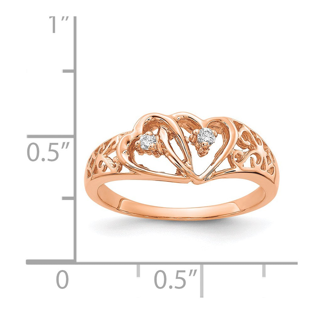 14k Rose Gold Polished 1/20 carat AA Diamond Two Hearts Ring