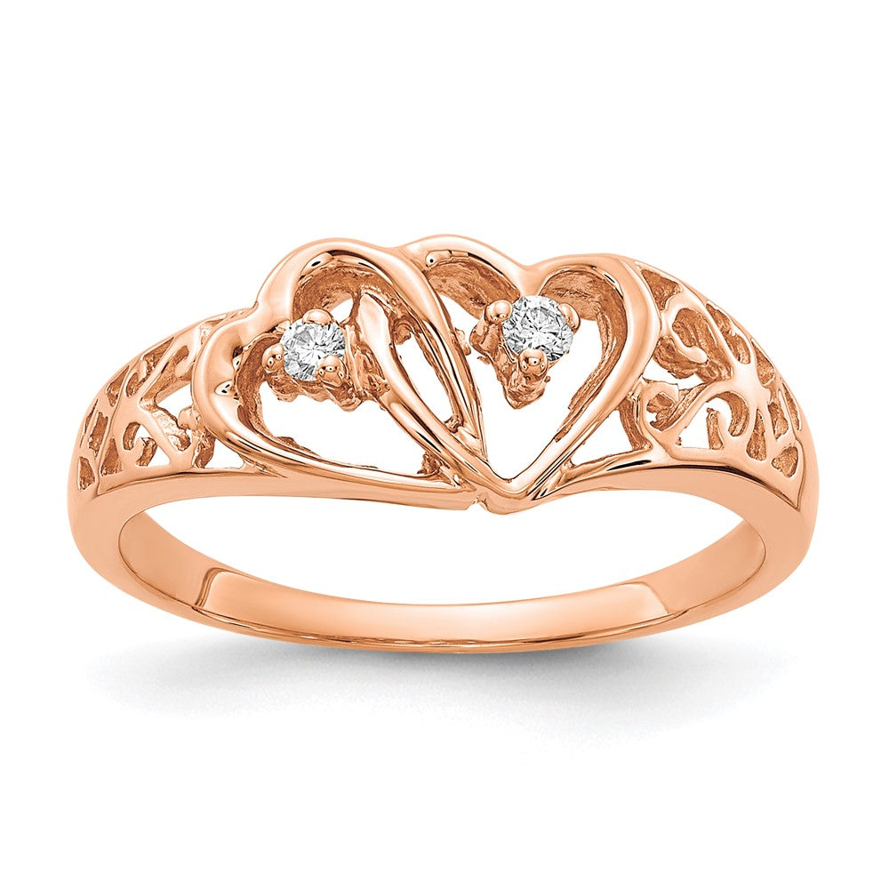 14k Rose Gold Polished 1/20 carat AA Diamond Two Hearts Ring