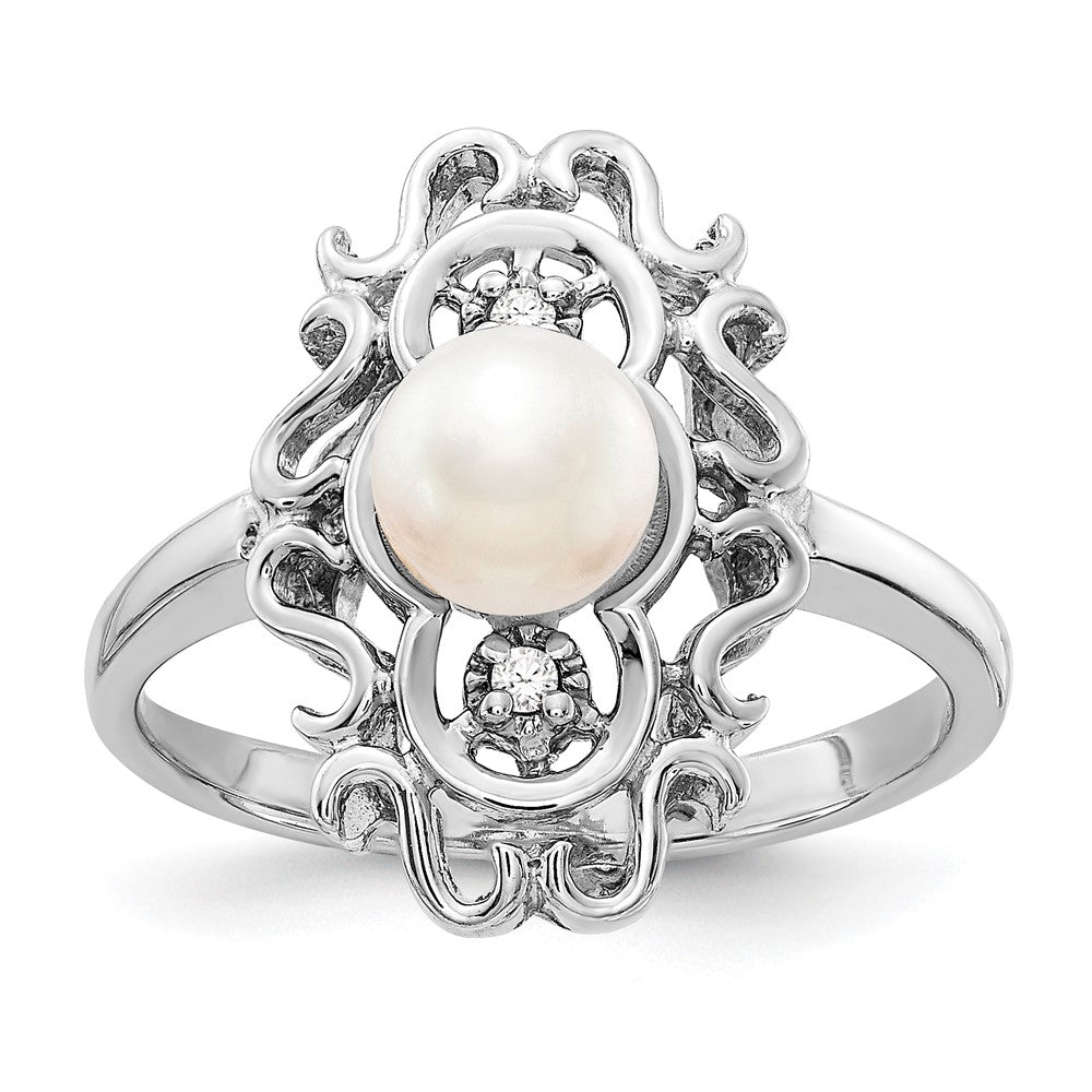 14k White Gold White Freshwater Cultured Pearl and .02 carat AA Diamond Ring