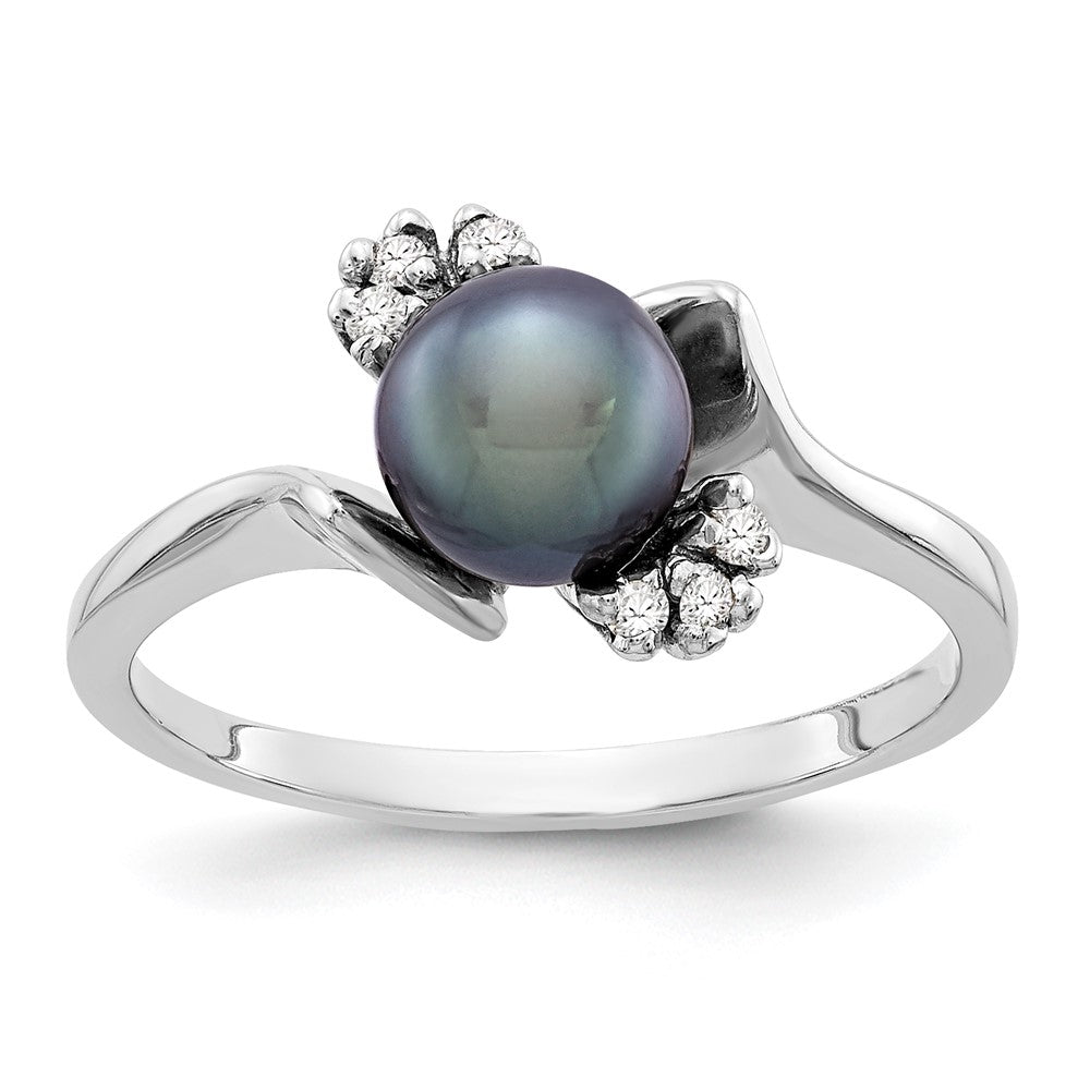 14k White Gold Black Freshwater Cultured Pearl and 1/15 carat AA Diamond Ring