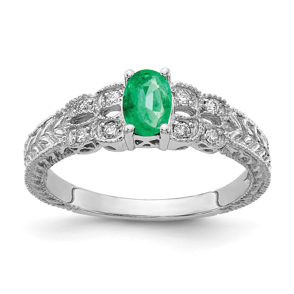 14k White Gold 6x Oval Emerald and 1/10 carat AA Diamond Ring
