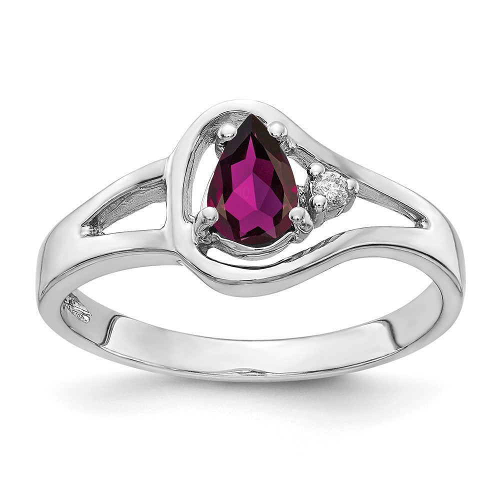 14k White Gold 6x Pear Rhodolite Garnet A Diamond ring