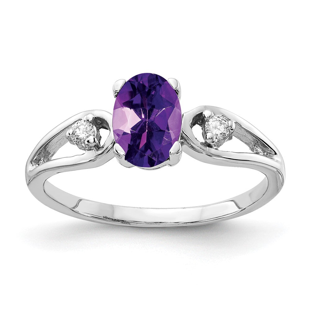 14k White Gold 7x Oval Amethyst and 1/20 carat VS Diamond Ring