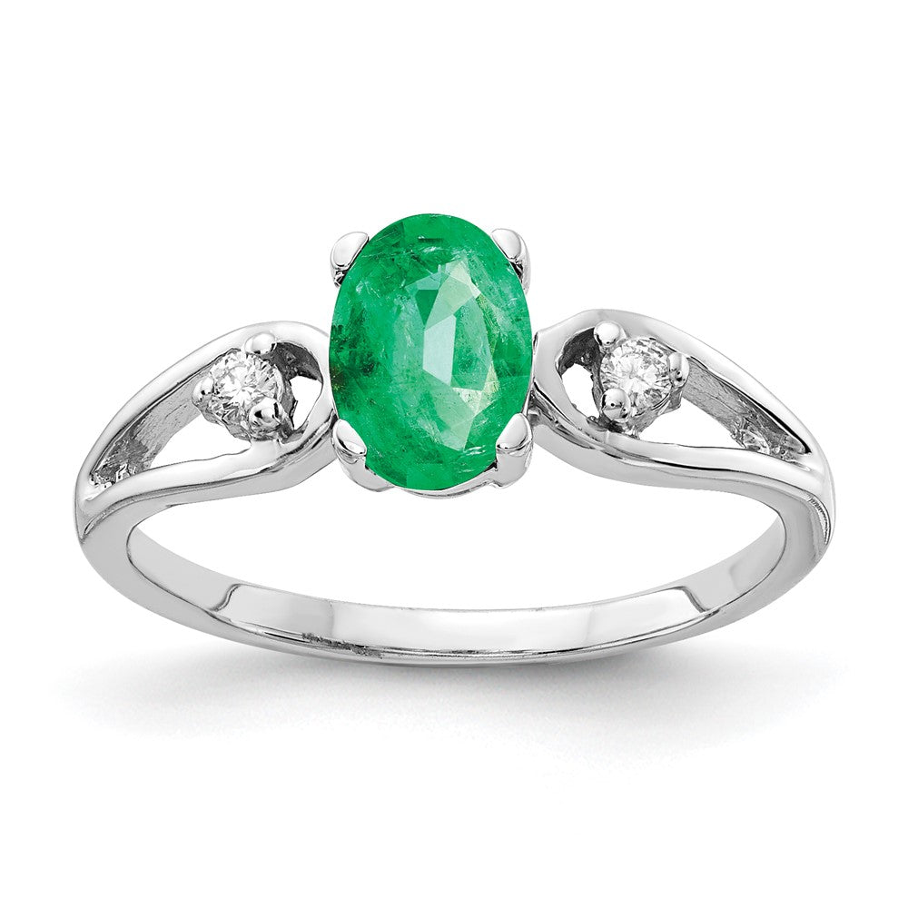 14k White Gold 7x Oval Emerald and 1/20 carat A Diamond Ring