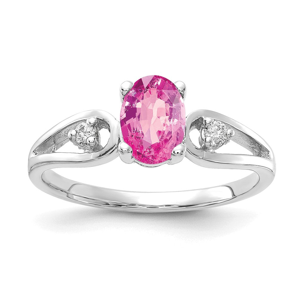 14k White Gold 7x Oval Pink Sapphire and 1/20 carat AAA Diamond Ring