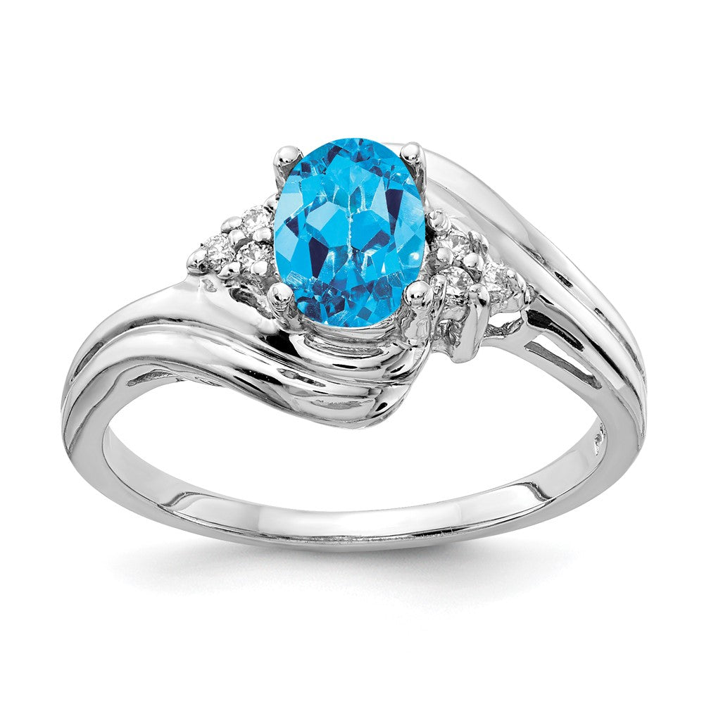 14k White Gold 7x Oval Blue Topaz and 1/15 carat AAA Diamond Ring