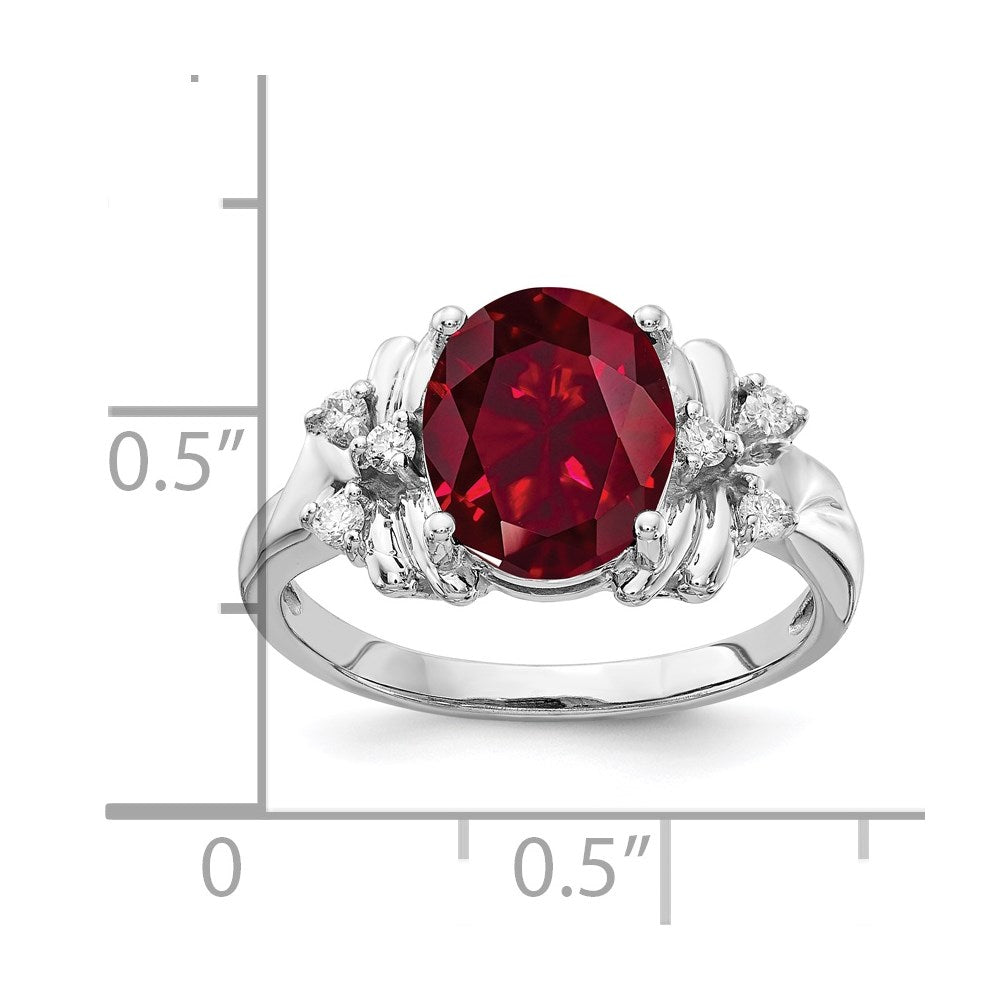 14k White Gold 10x Oval Lab-Created Ruby and 1/10 carat VS Diamond Ring