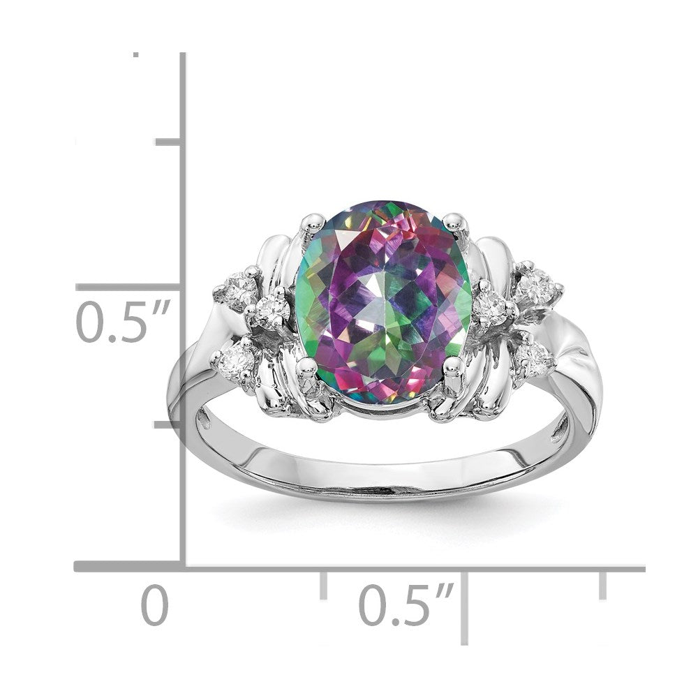 14k White Gold 10x Oval Mystic Fire Topaz and 1/10 carat AAA Diamond Ring