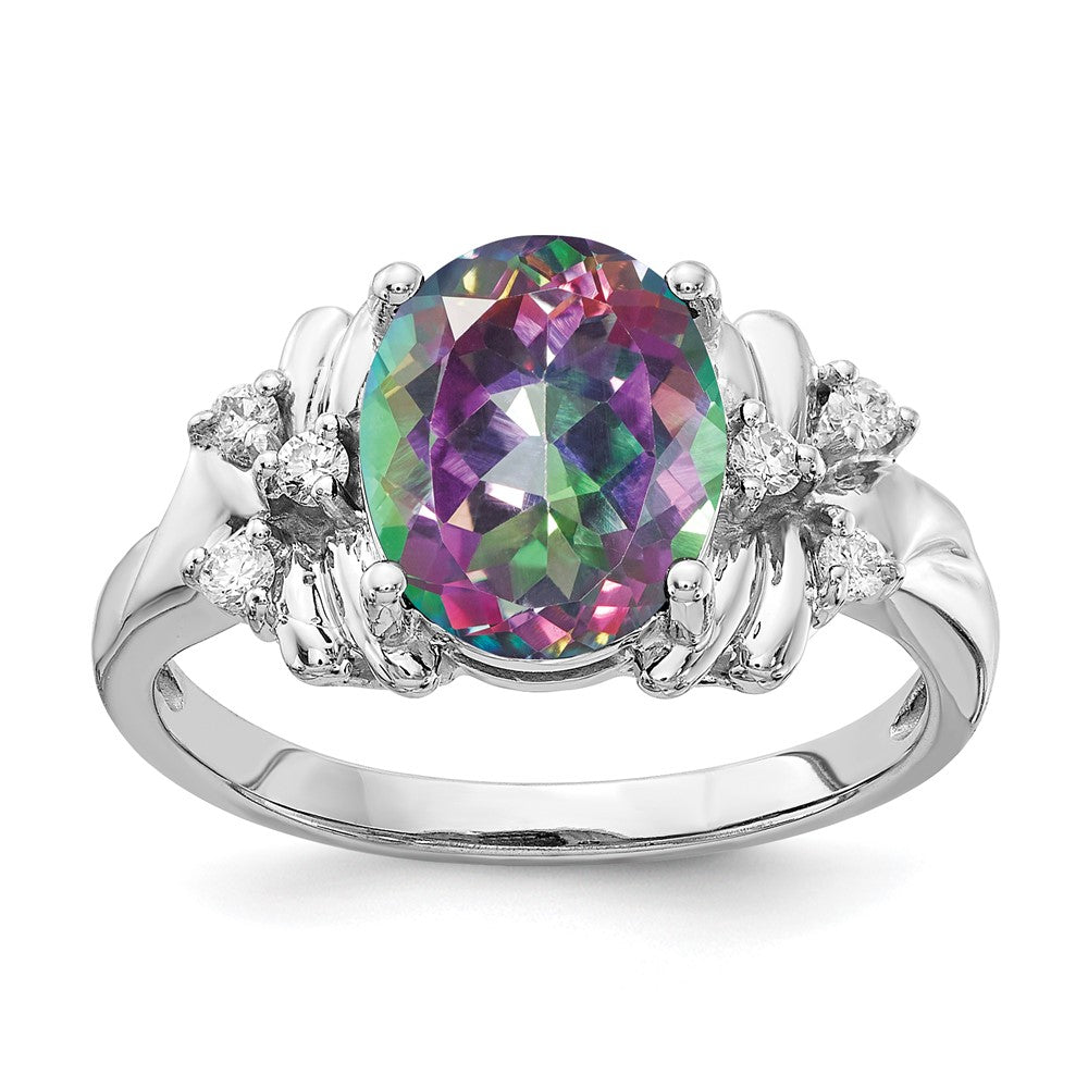 14k White Gold 10x Oval Mystic Fire Topaz and 1/10 carat AAA Diamond Ring