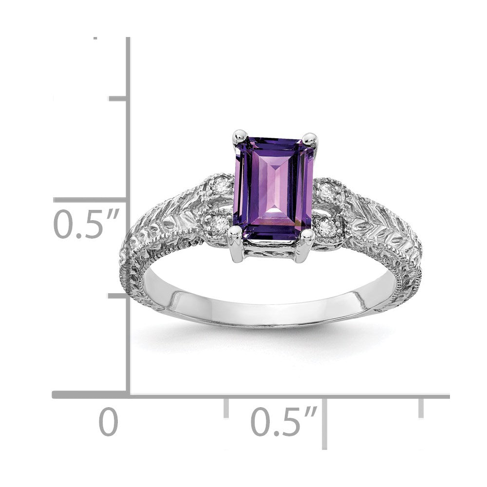 14k White Gold 7x Emerald-cut Amethyst and 1/20 carat AAA Diamond Ring