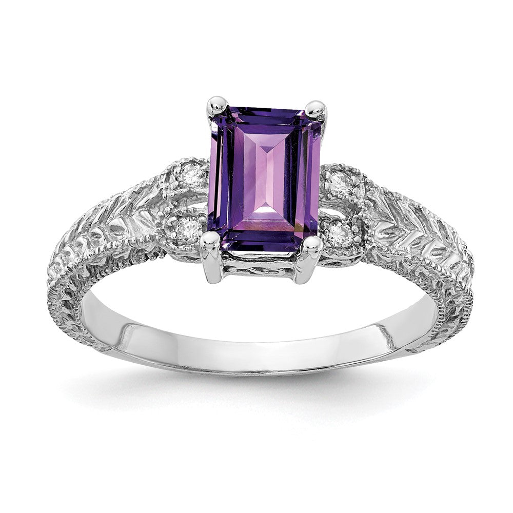 14k White Gold 7x Emerald Cut Amethyst A Diamond ring