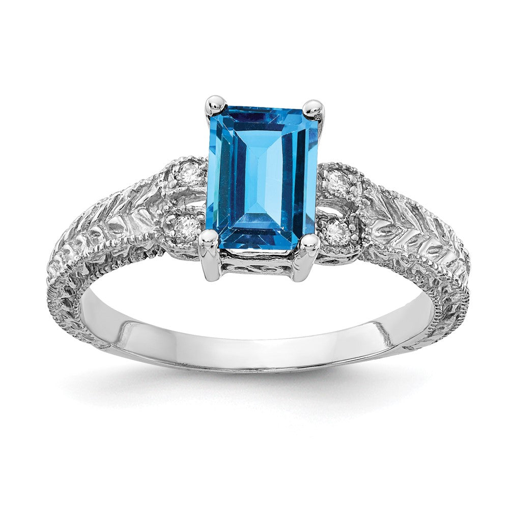 14k White Gold 7x Emerald Cut Blue Topaz A Diamond ring