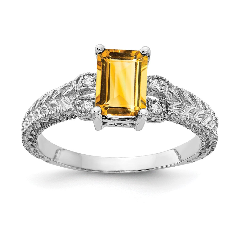 14k White Gold 7x Emerald Cut Citrine A Diamond ring