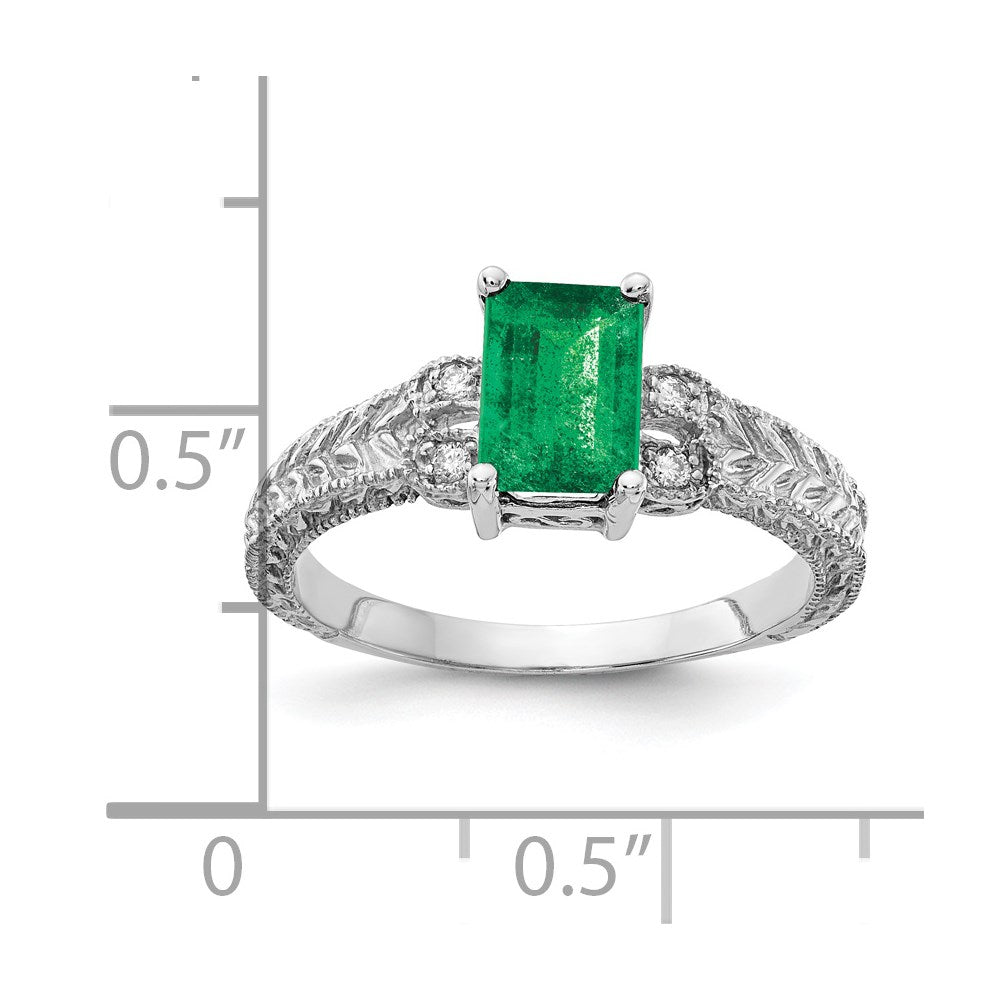 14k White Gold 7x Emerald-cut Emerald and 1/20 carat VS Diamond Ring