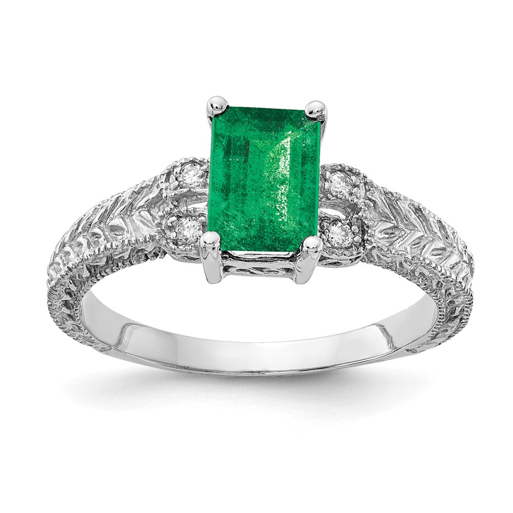 14k White Gold 7x Emerald-cut Emerald and 1/20 carat AAA Diamond Ring