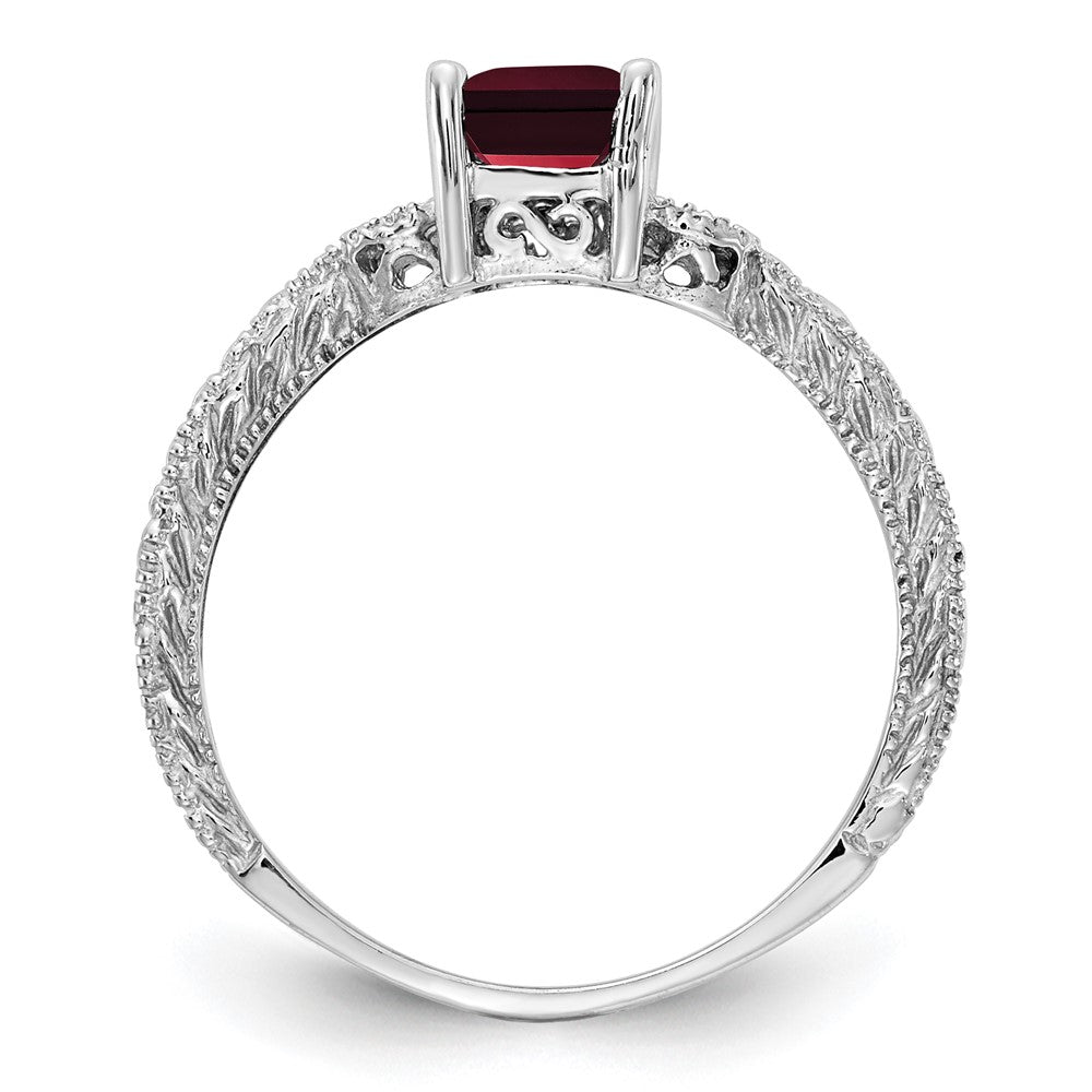 14k White Gold 7x Emerald-cut Garnet and 1/20 carat AAA Diamond Ring