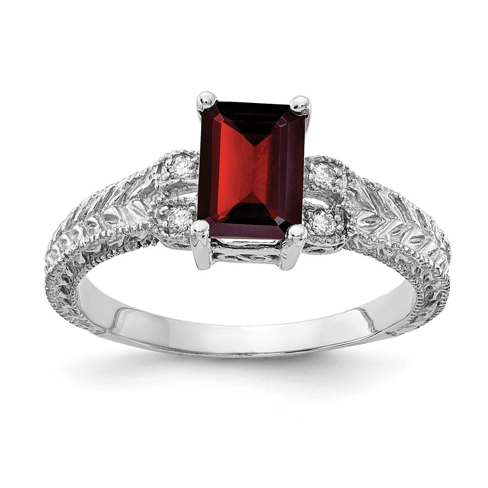 14k White Gold 7x Emerald Cut Garnet A Diamond ring