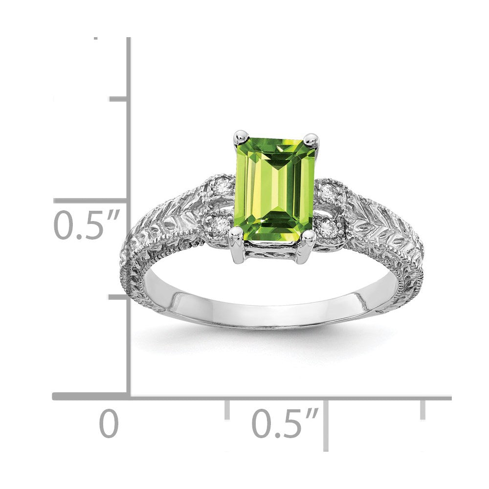 14k White Gold 7x Emerald Cut Peridot and 1/20 carat VS Diamond Ring