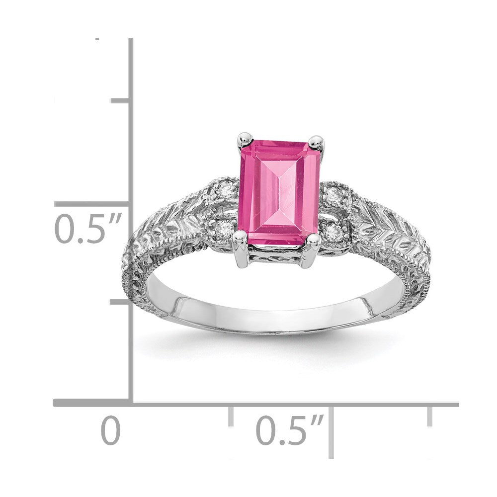 14k White Gold 7x Emerald Cut Pink Tourmaline A Diamond ring