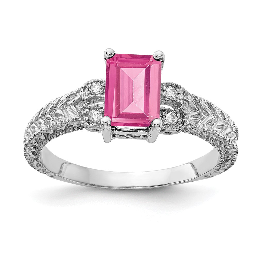 14k White Gold 7x Emerald Cut Pink Tourmaline A Diamond ring