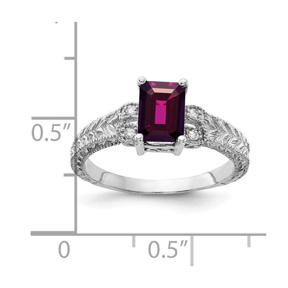 14k White Gold 7x Emerald-cut Rhodolite Garnet and 1/20 carat A Diamond Ring