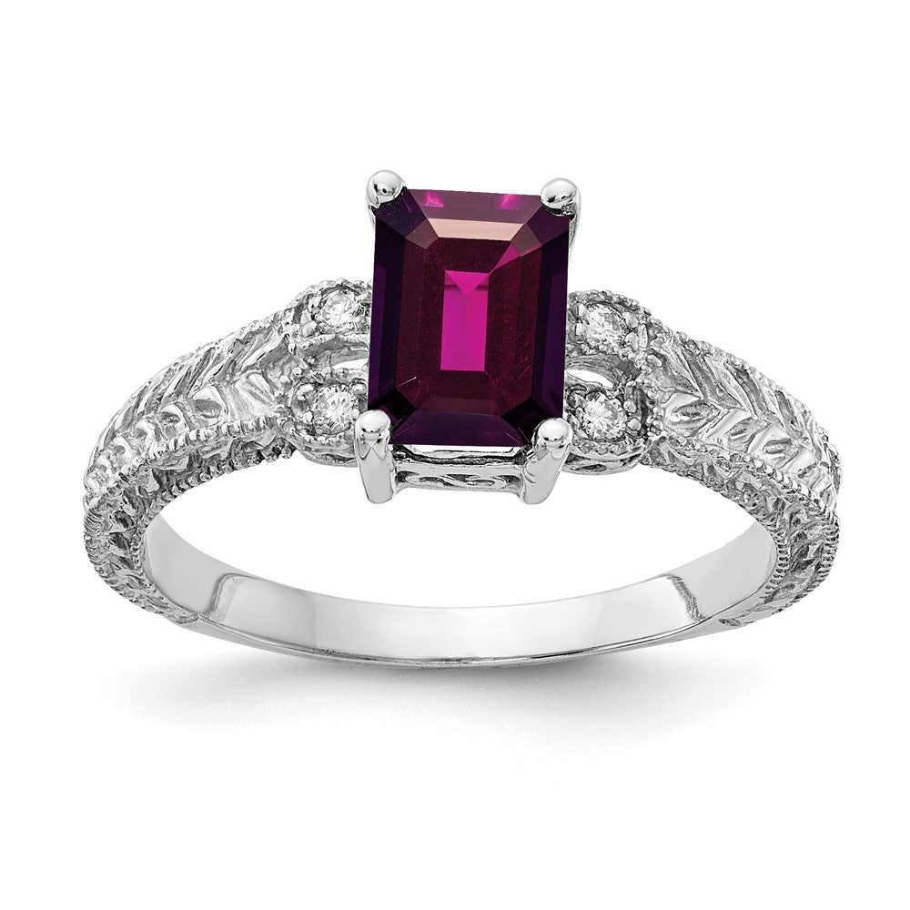 14k White Gold 7x Emerald Cut Rhodolite Garnet A Diamond ring