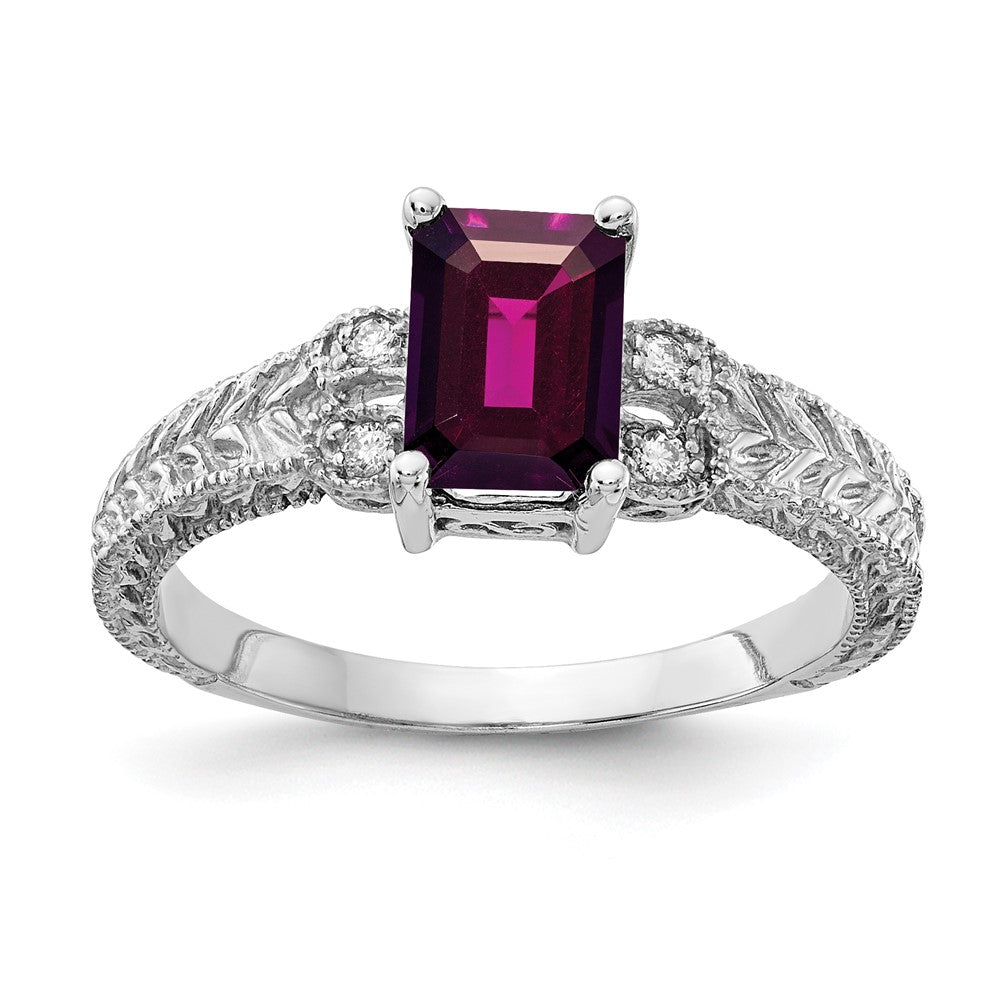 14k White Gold 7x Emerald-cut Rhodolite Garnet and 1/20 carat A Diamond Ring