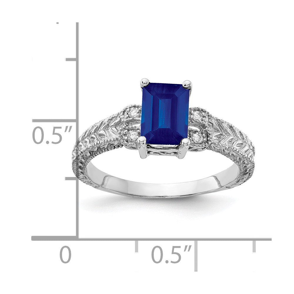 14k White Gold 7x Emerald-cut Blue Sapphire and 1/20 carat A Diamond Ring