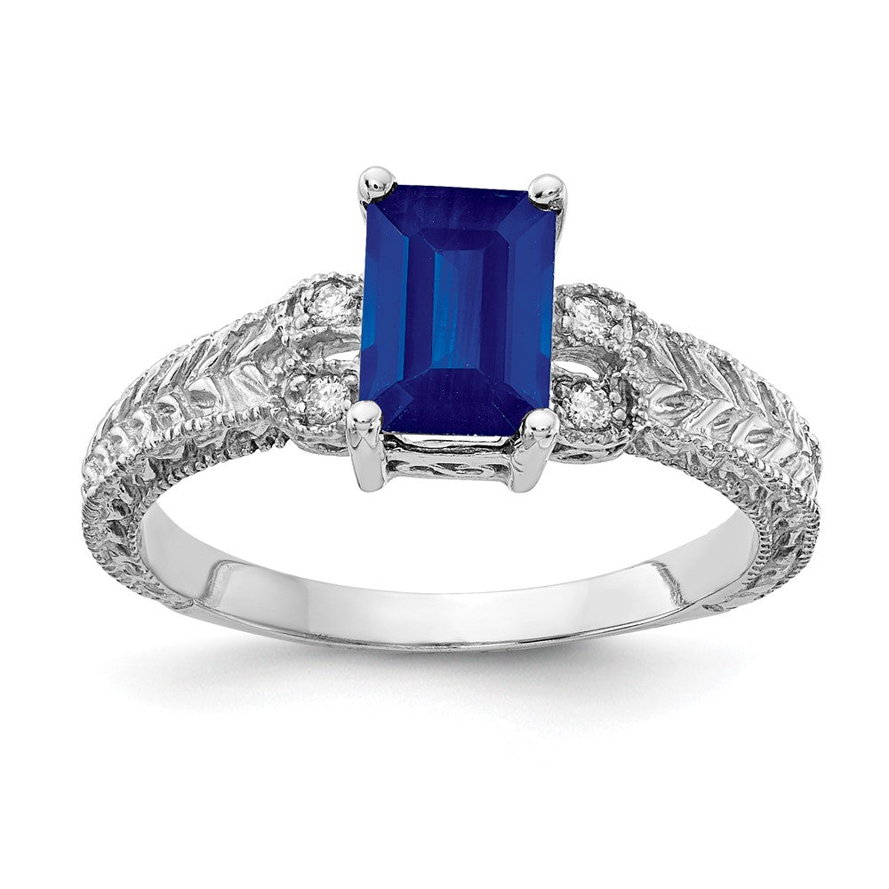 14k White Gold 7x Emerald Cut Sapphire A Diamond ring