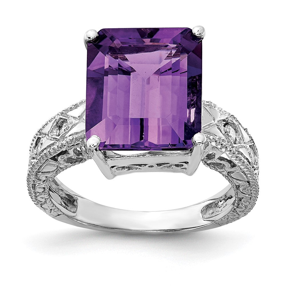 14k White Gold 12x Emerald Cut Amethyst A Diamond ring