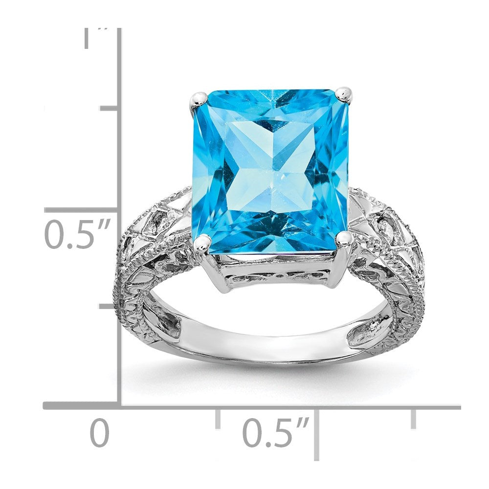 14k White Gold 12x Emerald-cut Blue Topaz and 1/15 carat A Diamond Ring