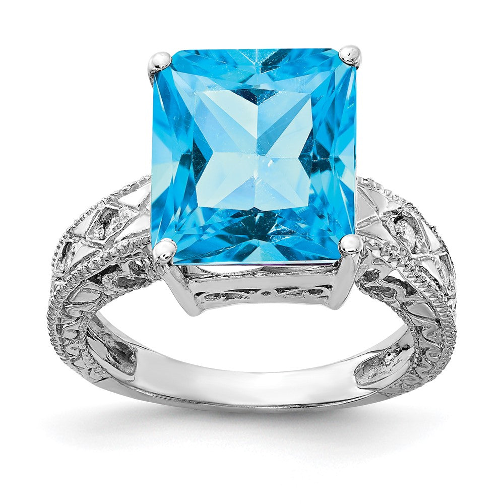 14k White Gold 12x Emerald-cut Blue Topaz and 1/15 carat A Diamond Ring
