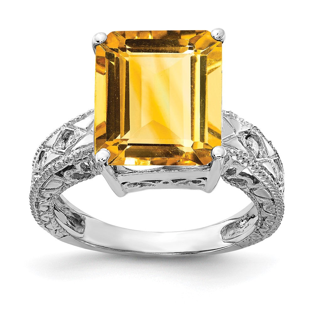 14k White Gold 12x Emerald Cut Citrine A Diamond ring