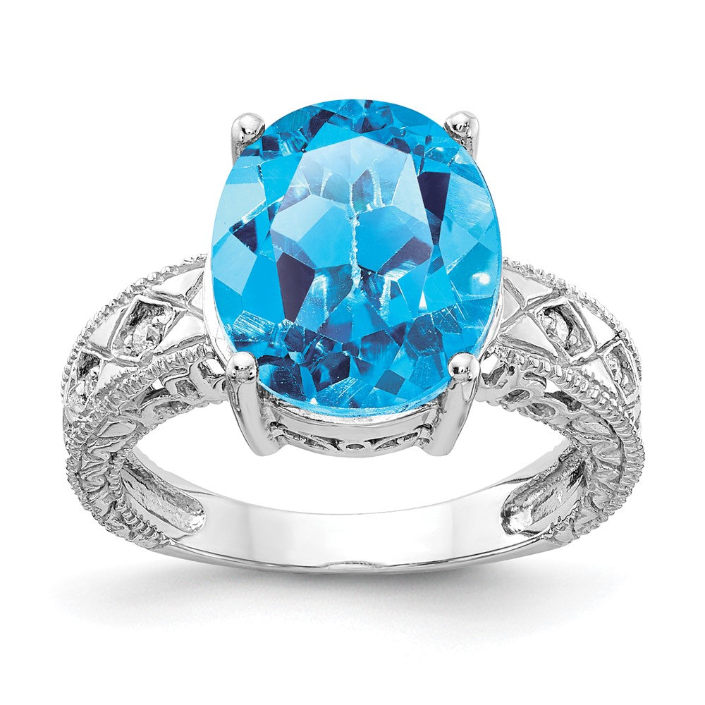 14k White Gold 12x Oval Blue Topaz AA Diamond ring