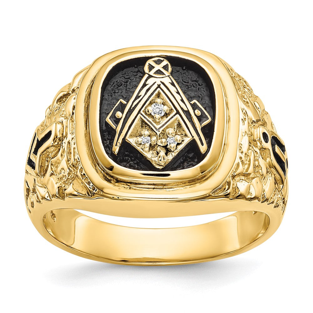 14k Polished, Antiqued and Nugget Texture A Quality Diamond Masonic Ring