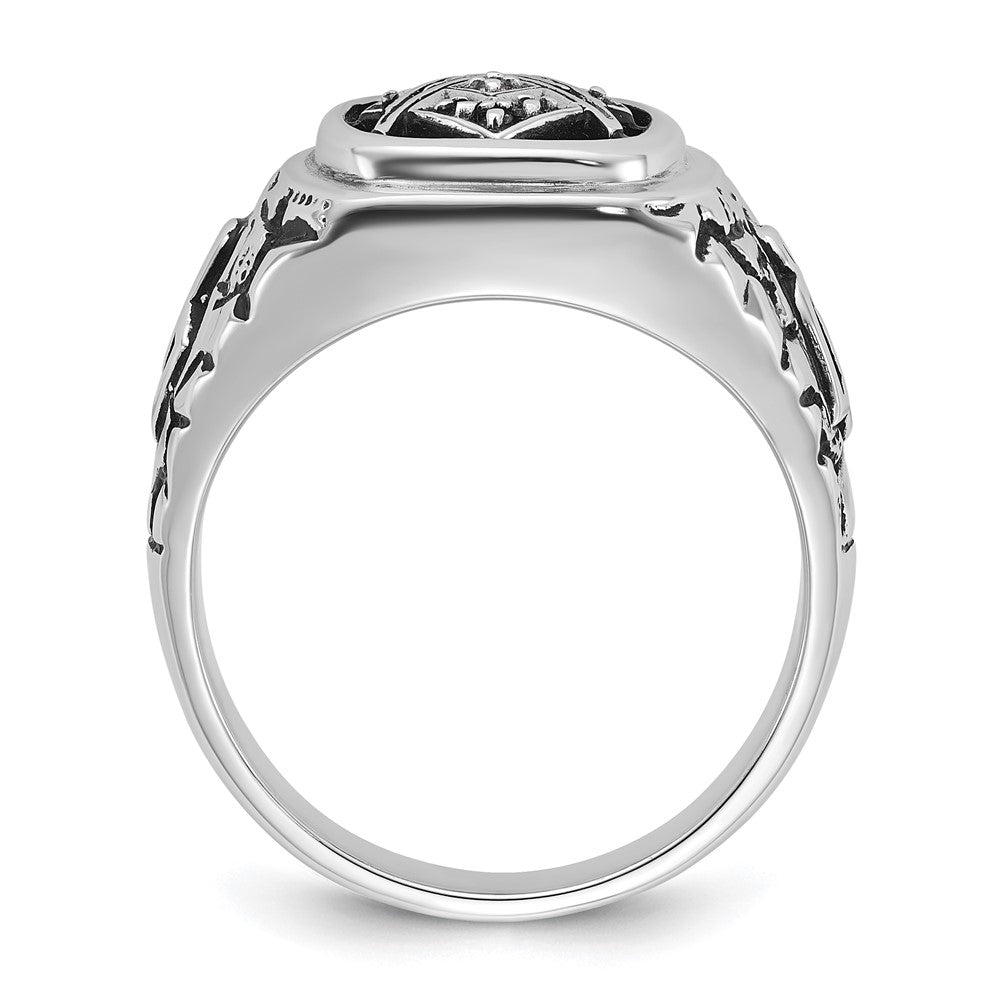 14k White Gold Men's Polished Antiqued and Textured with Black Enamel and A Quality Diamonds Masonic Ring