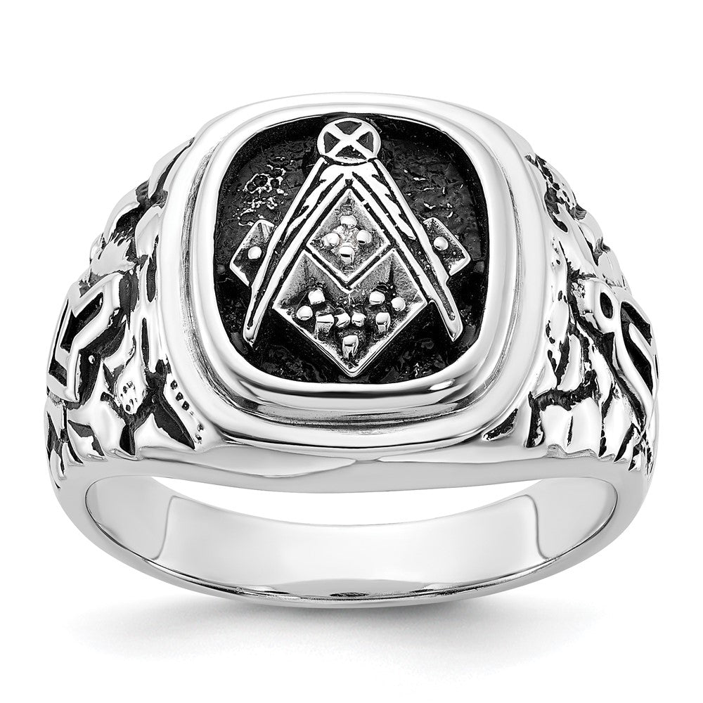 14k White Gold Men's Polished Antiqued and Textured with Black Enamel and A Quality Diamonds Masonic Ring