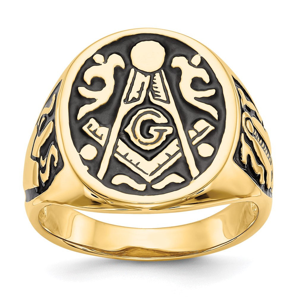 14k Men's Polished and Grooved with Black Enamel Masonic Ring