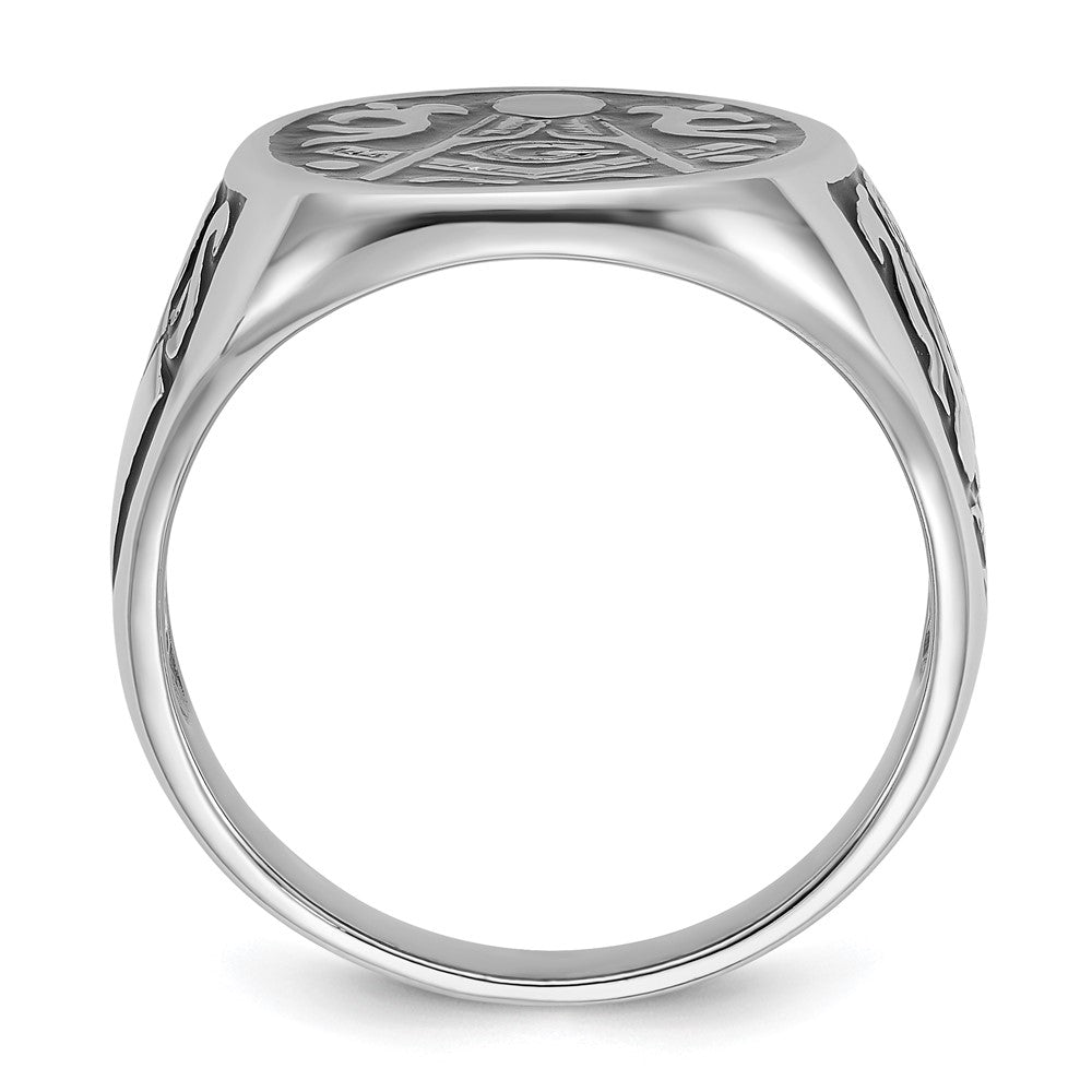 14k White Gold Men's Polished and Grooved with Black Enamel Masonic Ring