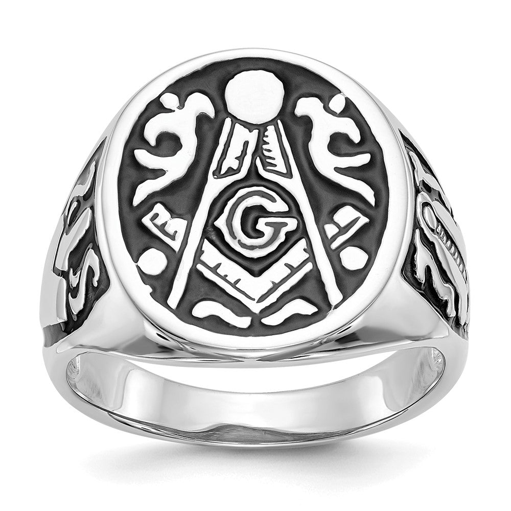 14k White Gold Men's Polished and Grooved with Black Enamel Masonic Ring