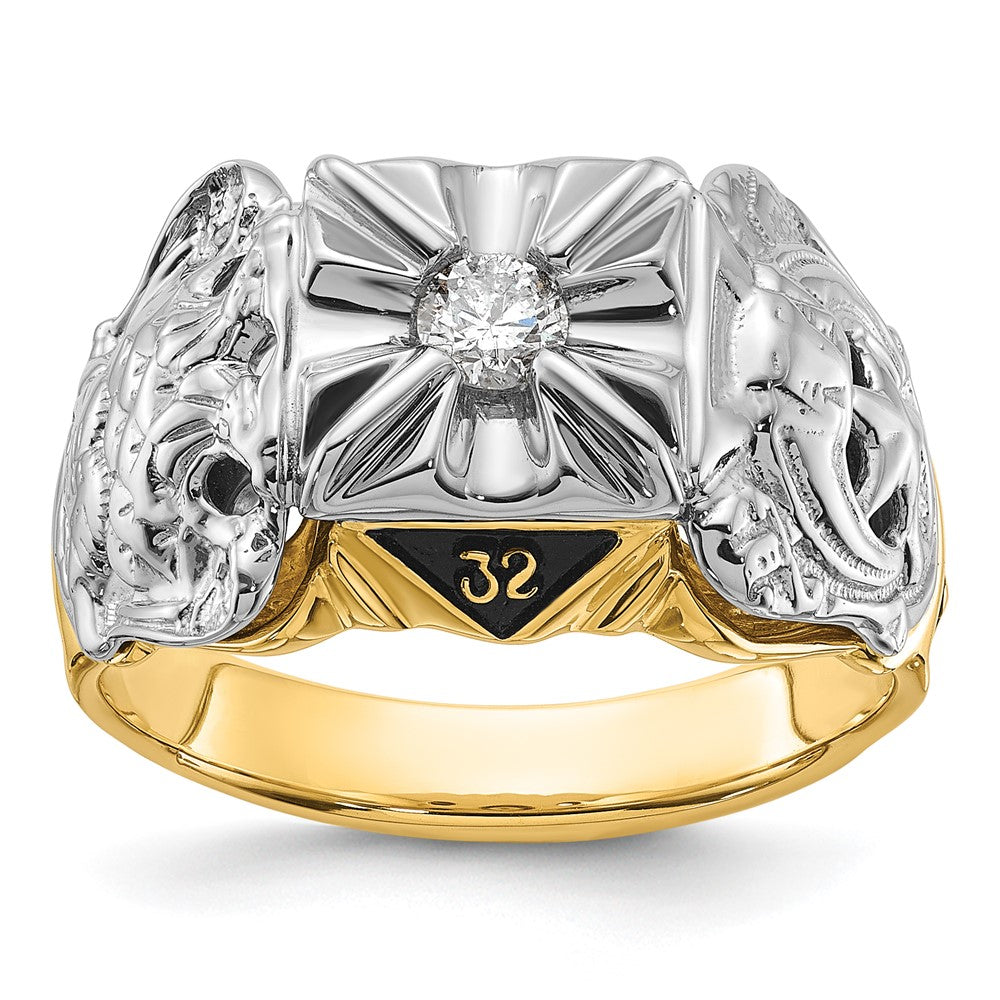 14k Two-tone Men's Polished and Textured with Black Enamel and A Quality Diamond Masonic Ring