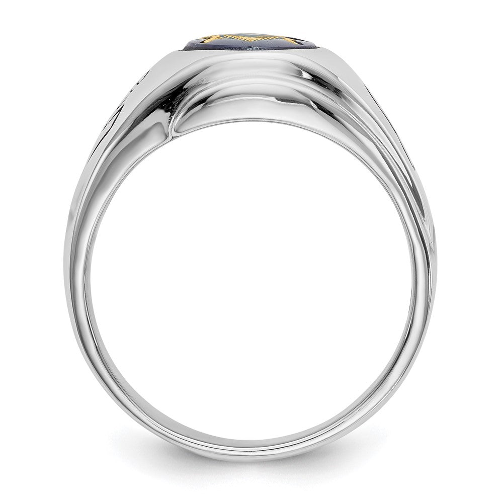 IB Goodman 14k White Gold Mens Polished/Antiqued and Grooved with Imitation Blue Spinel Masonic Ring