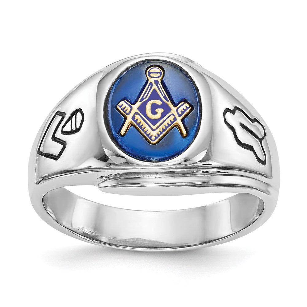 14k White Gold Men's Polished, Antiqued and Grooved with Imitation Blue Spinel Masonic Ring