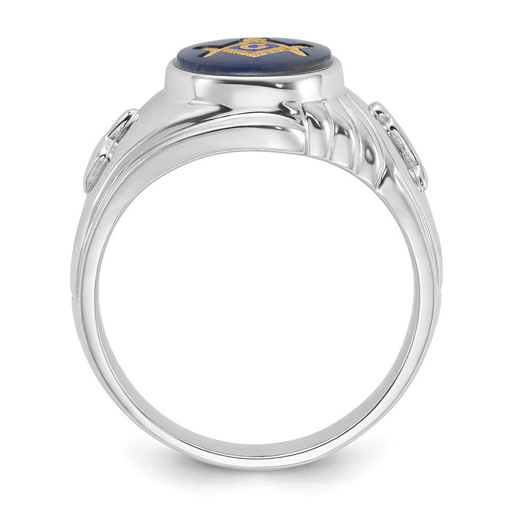 14k White Gold Men's Polished and Textured with Imitation Blue Spinel Masonic Ring