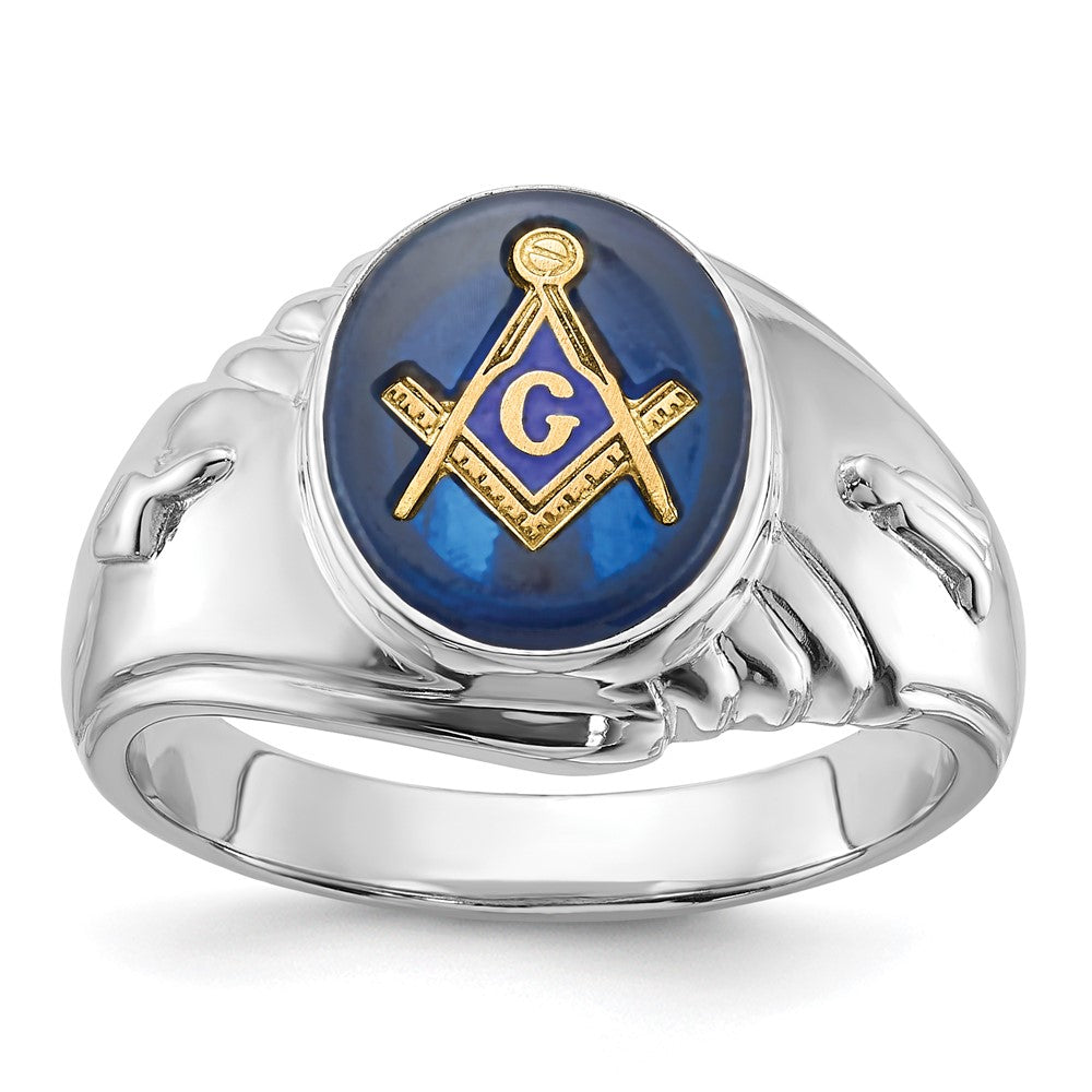 14k White Gold Men's Polished and Textured with Imitation Blue Spinel Masonic Ring