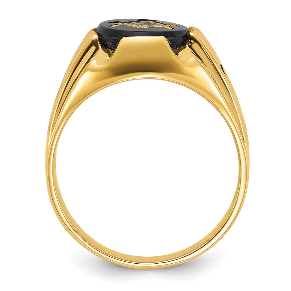 14k Men's Polished, Antiqued and Grooved with Oval Onyx Masonic Ring