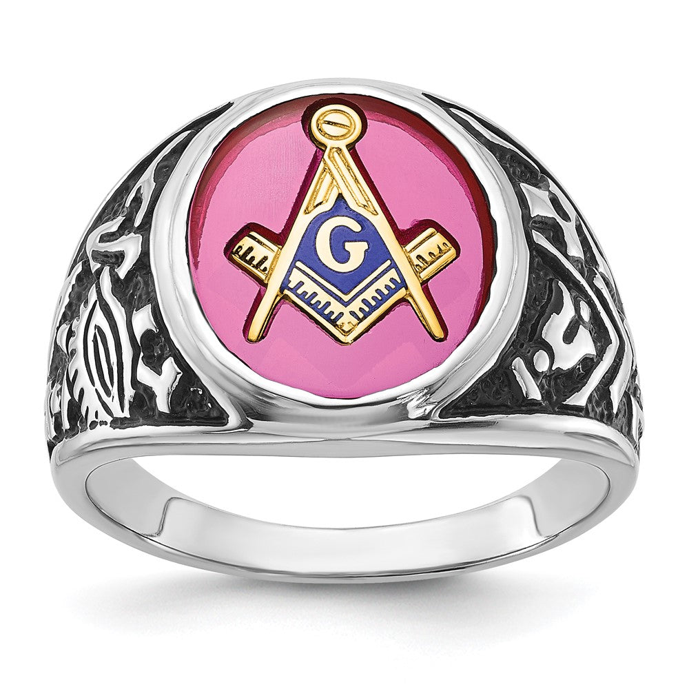 14k White Gold Men's Polished, Antiqued and Textured with Lab Created Ruby Masonic Ring