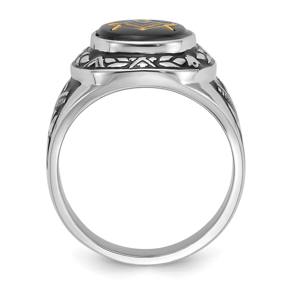 14k White Gold Men's Polished, Antiqued and Textured with Oval Onyx Masonic Ring